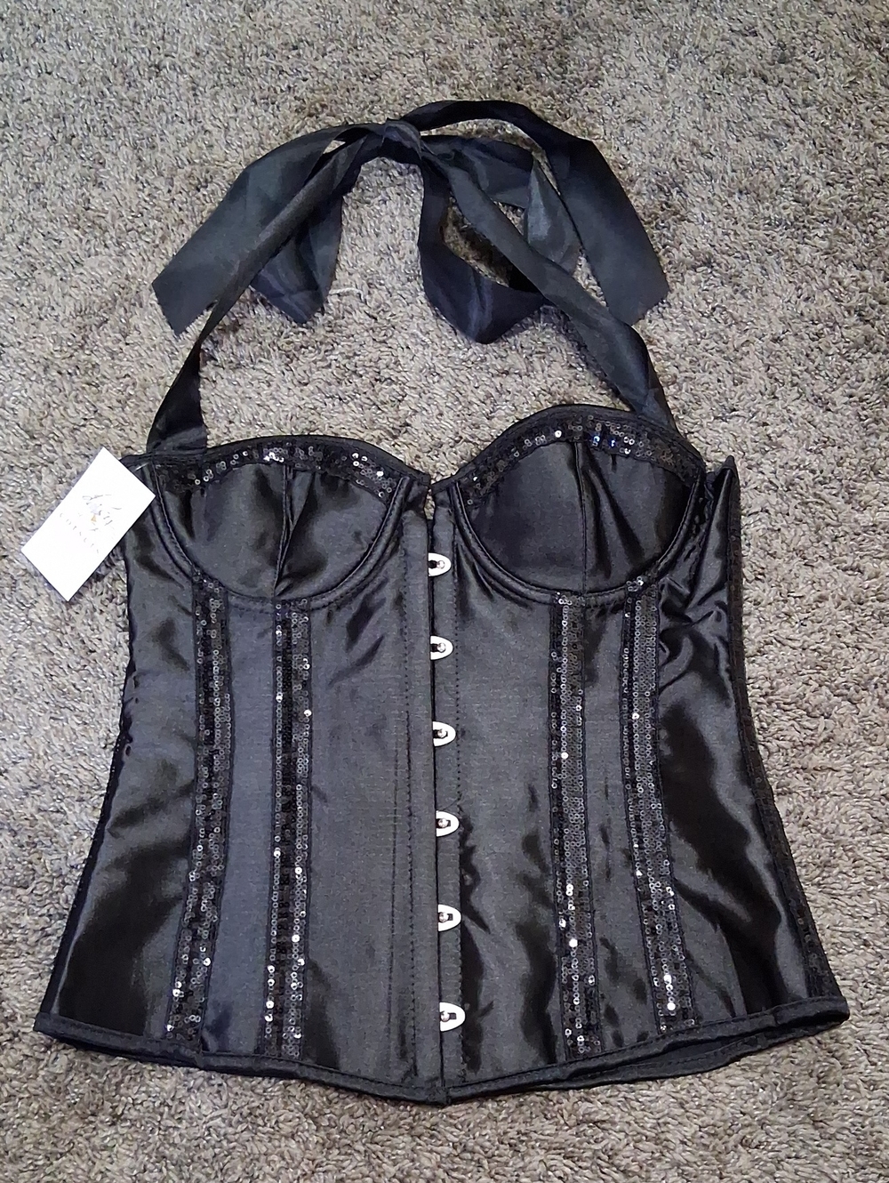 Daisy Corsets Black Satin Pushup Halter Corset - Sequins - L - Underwire